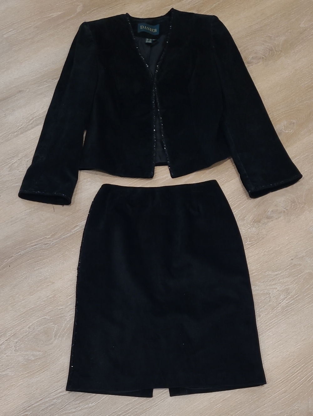 Vintage Danier Suede Pencil Skirt And Jacket Set With Beaded Trim Details